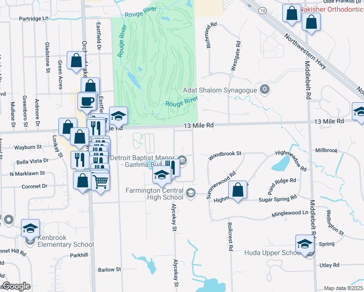 map of restaurants, bars, coffee shops, grocery stores, and more near 3025 Detroit Baptist in Farmington Hills