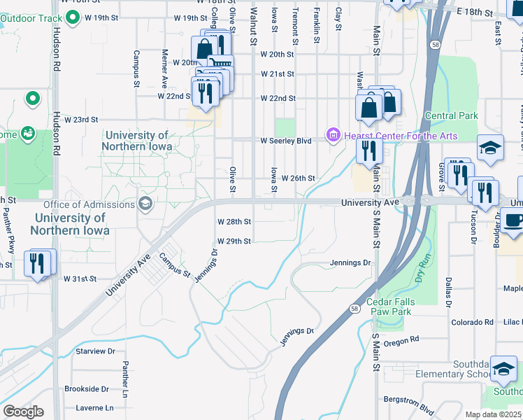 map of restaurants, bars, coffee shops, grocery stores, and more near 7803 University Avenue in Cedar Falls