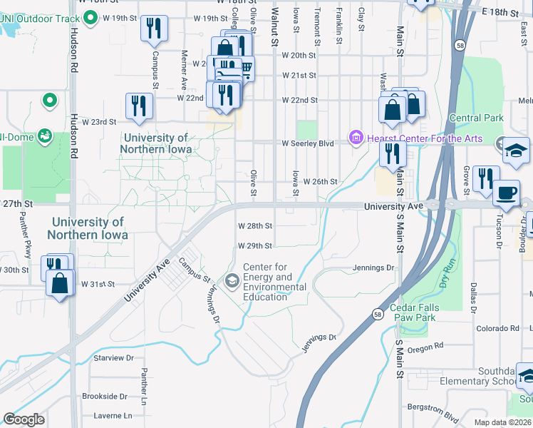 map of restaurants, bars, coffee shops, grocery stores, and more near 7911 University Avenue in Cedar Falls
