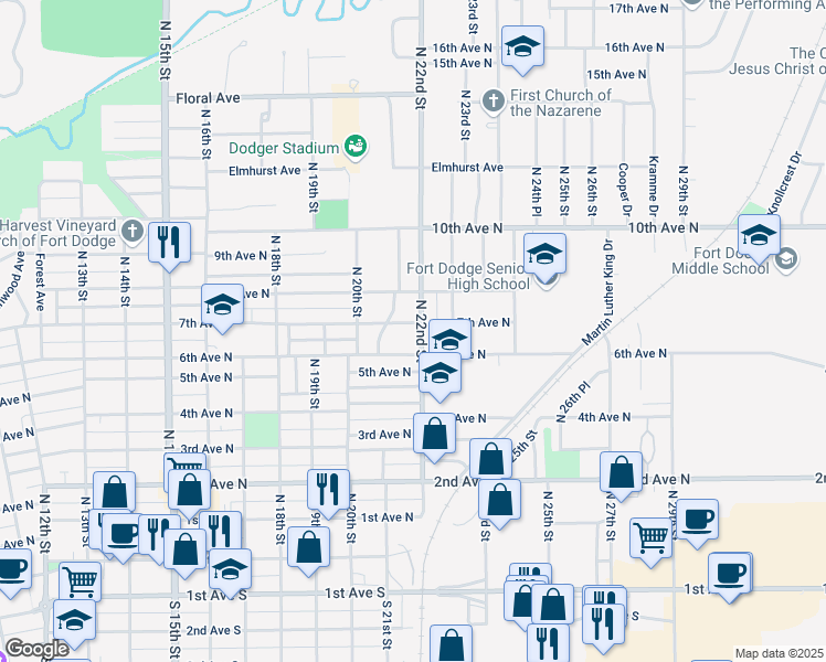 map of restaurants, bars, coffee shops, grocery stores, and more near 2120 7th Avenue North in Fort Dodge