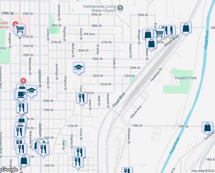 map of restaurants, bars, coffee shops, grocery stores, and more near 1337 22nd Street in Sioux City