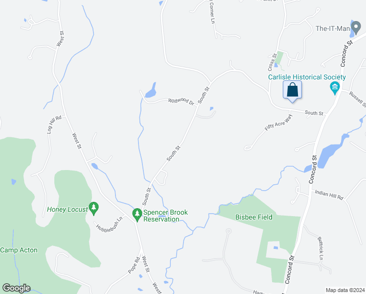 map of restaurants, bars, coffee shops, grocery stores, and more near 491 South Street in Carlisle