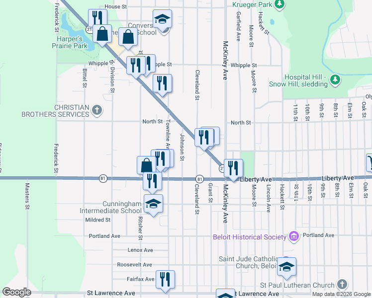 map of restaurants, bars, coffee shops, grocery stores, and more near 1212 Cleveland Street in Beloit