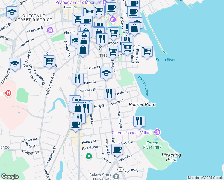 map of restaurants, bars, coffee shops, grocery stores, and more near 5 Saltonstall Parkway in Salem