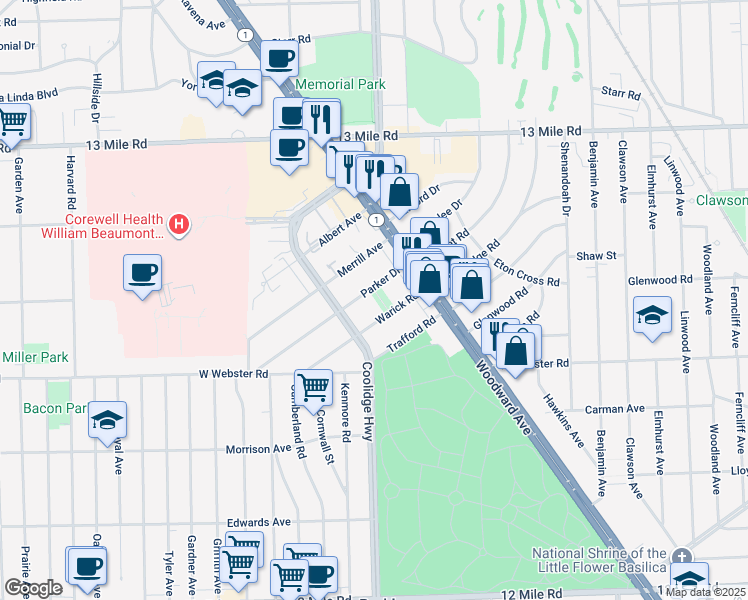 map of restaurants, bars, coffee shops, grocery stores, and more near 3153 Parker Drive in Royal Oak