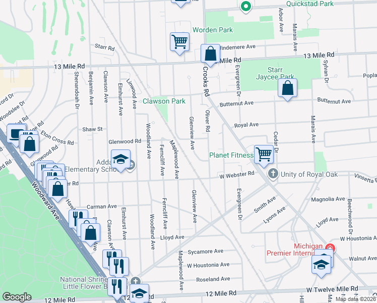 map of restaurants, bars, coffee shops, grocery stores, and more near 2713 Glenview Avenue in Royal Oak