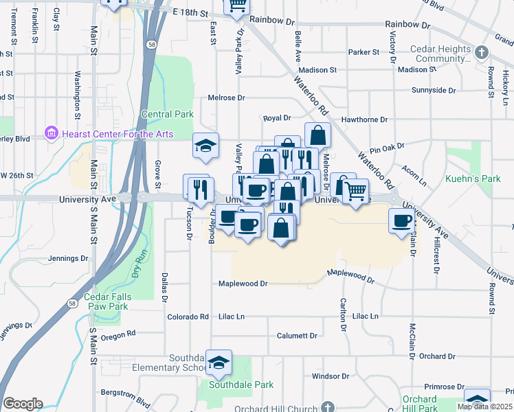 map of restaurants, bars, coffee shops, grocery stores, and more near 6421 Blackhawk Vill in Cedar Falls
