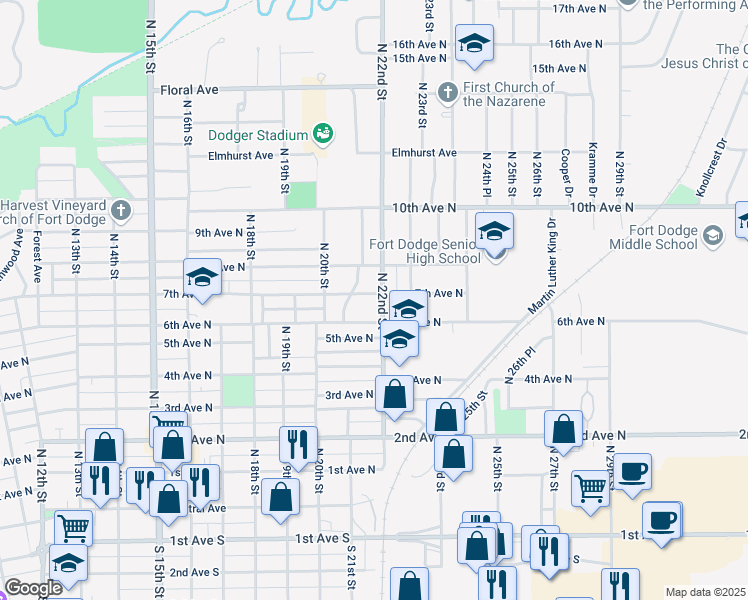 map of restaurants, bars, coffee shops, grocery stores, and more near 2120 7th Avenue North in Fort Dodge