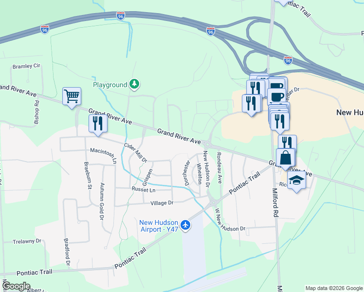 map of restaurants, bars, coffee shops, grocery stores, and more near 57721 Grand River Avenue in Lyon Charter Township