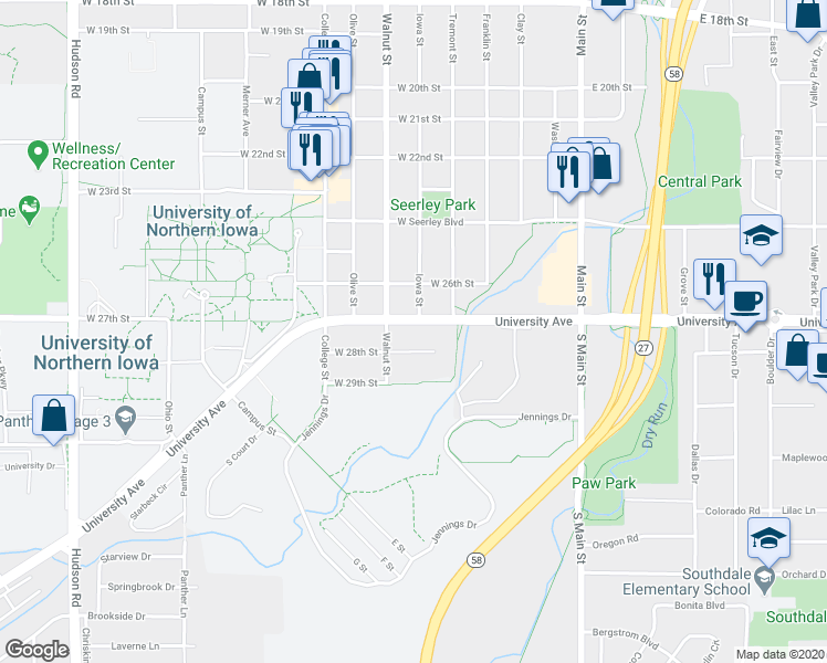 map of restaurants, bars, coffee shops, grocery stores, and more near 7803 University Avenue in Cedar Falls