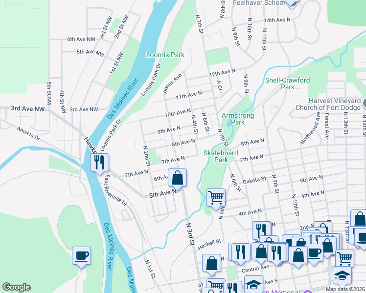 map of restaurants, bars, coffee shops, grocery stores, and more near 317 1/2 8th Avenue North in Fort Dodge