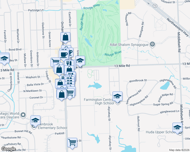 map of restaurants, bars, coffee shops, grocery stores, and more near 29387 Glen Oaks Boulevard East in Farmington Hills