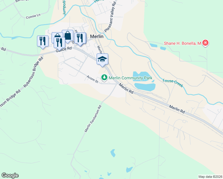 map of restaurants, bars, coffee shops, grocery stores, and more near 101 Acorn Street in Merlin