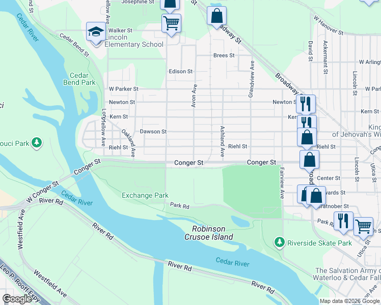 map of restaurants, bars, coffee shops, grocery stores, and more near 719 Avon Avenue in Waterloo