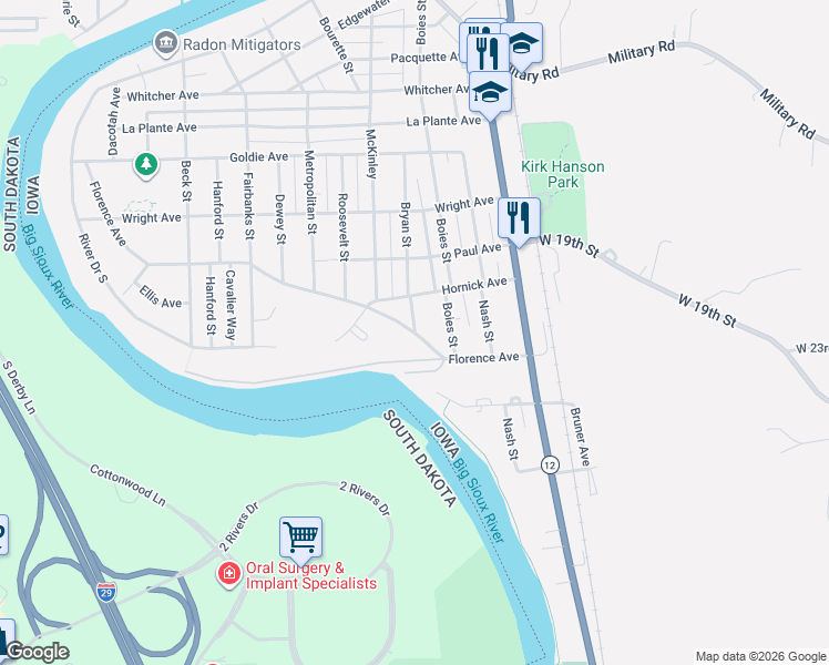 map of restaurants, bars, coffee shops, grocery stores, and more near 1901 Bryan Street in Sioux City