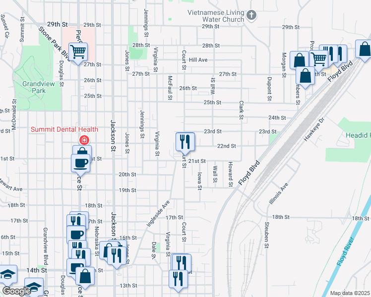 map of restaurants, bars, coffee shops, grocery stores, and more near 2124 Court Street in Sioux City