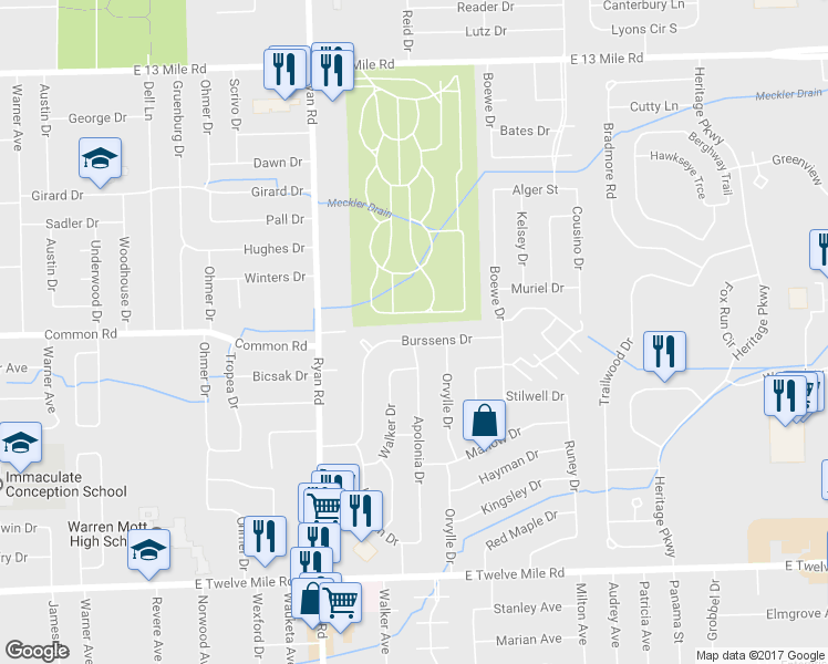 map of restaurants, bars, coffee shops, grocery stores, and more near 4403 Burssens Drive in Warren