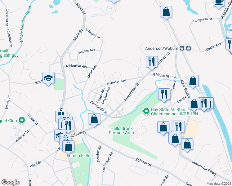 map of restaurants, bars, coffee shops, grocery stores, and more near 10 Poplar St in Woburn