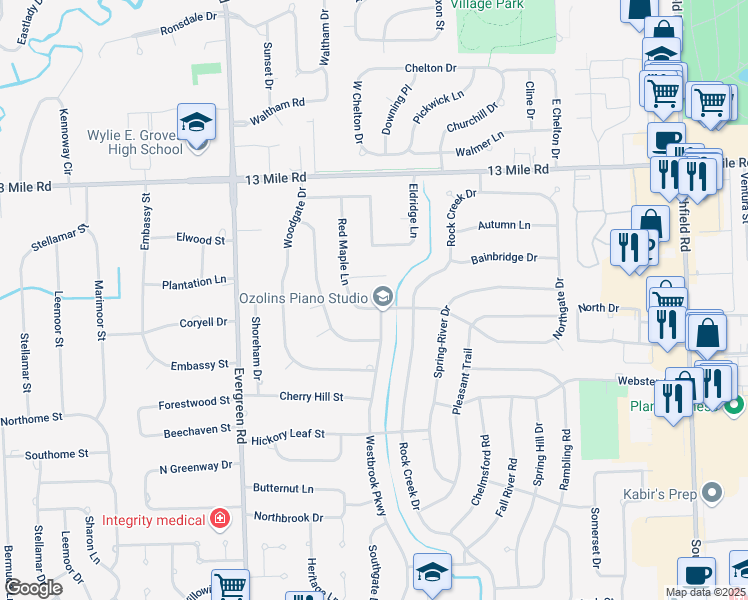 map of restaurants, bars, coffee shops, grocery stores, and more near 30430 Red Maple Lane in Southfield