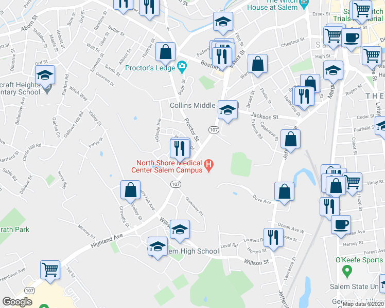 map of restaurants, bars, coffee shops, grocery stores, and more near 62-64 Highland Avenue in Salem