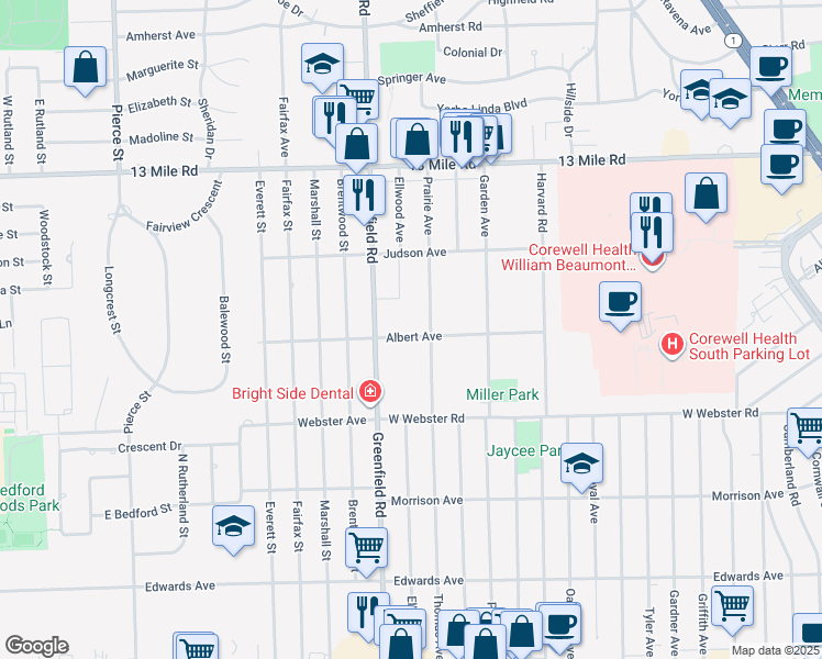 map of restaurants, bars, coffee shops, grocery stores, and more near 3207 Prairie Avenue in Royal Oak