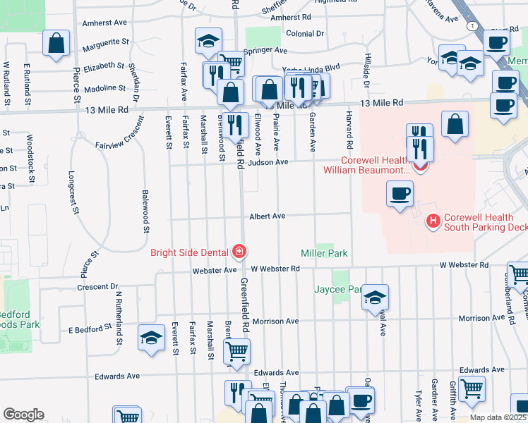 map of restaurants, bars, coffee shops, grocery stores, and more near 3207 Prairie Avenue in Royal Oak