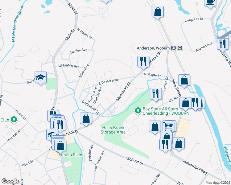 map of restaurants, bars, coffee shops, grocery stores, and more near 4 Tedesco Drive in Woburn