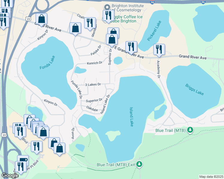 map of restaurants, bars, coffee shops, grocery stores, and more near 6194 Coventry Dr in Brighton