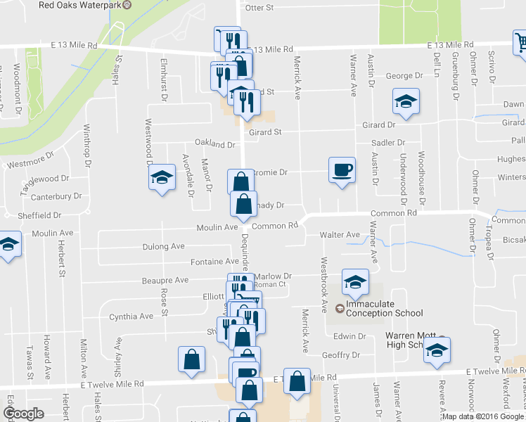 map of restaurants, bars, coffee shops, grocery stores, and more near 1956 Shady Drive in Warren