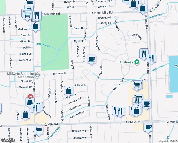 map of restaurants, bars, coffee shops, grocery stores, and more near 4983 North Grand Oaks Drive in Warren