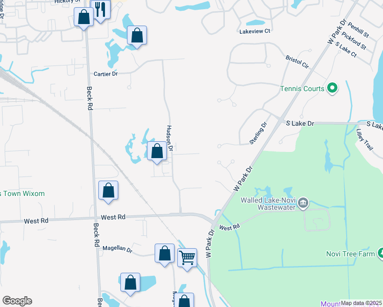map of restaurants, bars, coffee shops, grocery stores, and more near 46535 Peary Court in Novi