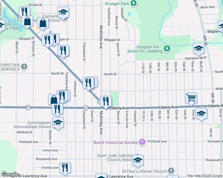 map of restaurants, bars, coffee shops, grocery stores, and more near 1215 Garfield Avenue in Beloit