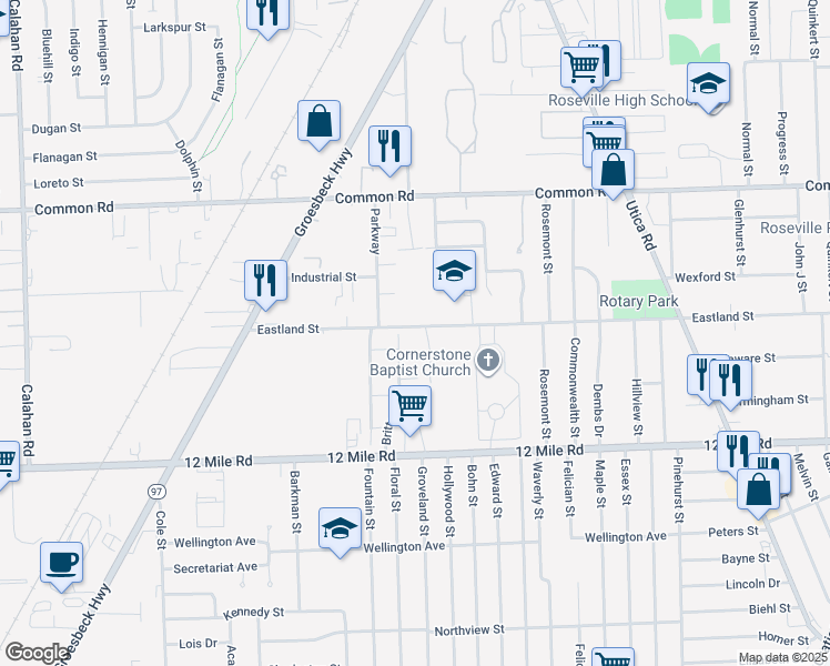 map of restaurants, bars, coffee shops, grocery stores, and more near 16694 Eastland Street in Roseville