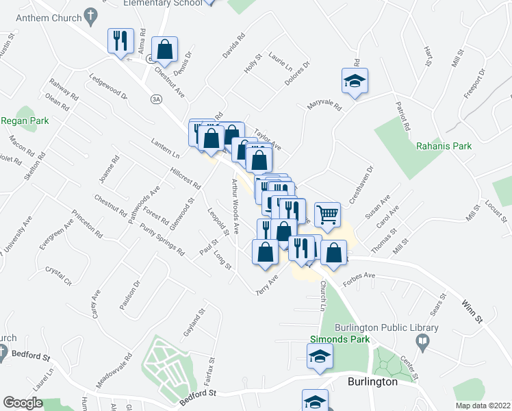 map of restaurants, bars, coffee shops, grocery stores, and more near 257 Cambridge Street in Burlington