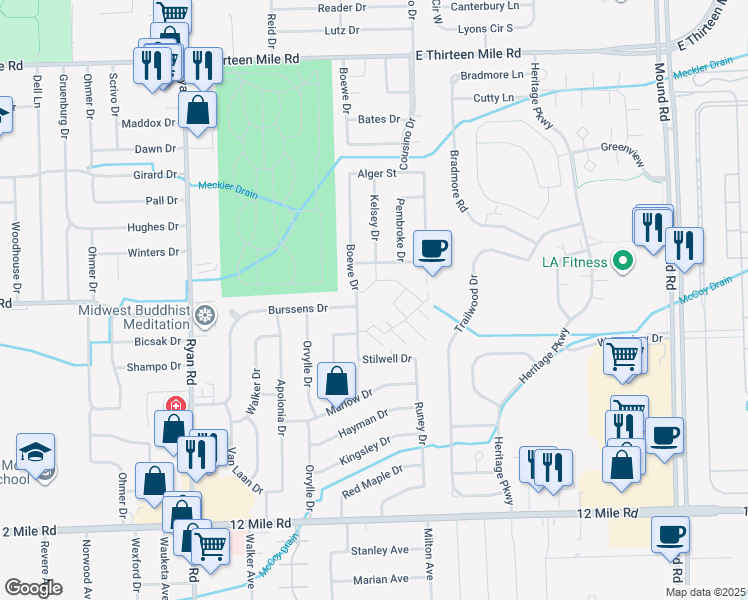 map of restaurants, bars, coffee shops, grocery stores, and more near 29900 South Grand Oaks Drive in Warren