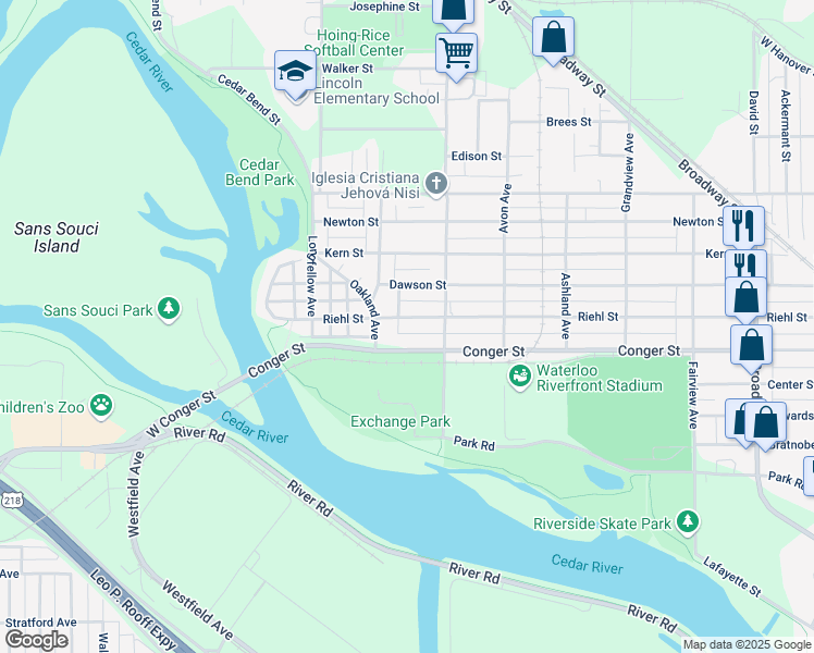 map of restaurants, bars, coffee shops, grocery stores, and more near 1051 Riehl Street in Waterloo