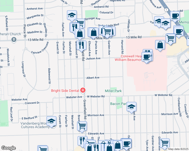map of restaurants, bars, coffee shops, grocery stores, and more near 3207 Prairie Avenue in Royal Oak