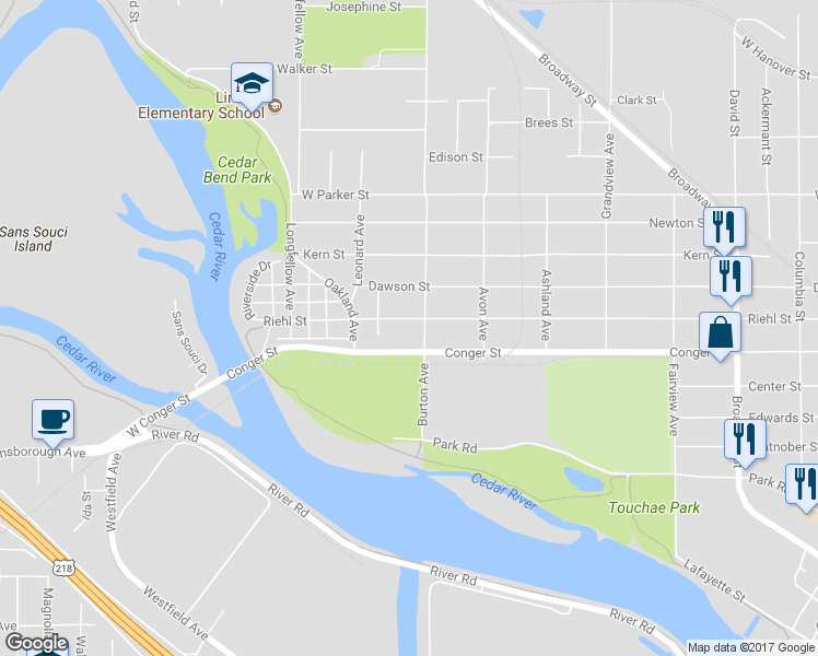 map of restaurants, bars, coffee shops, grocery stores, and more near 1013 Riehl Street in Waterloo