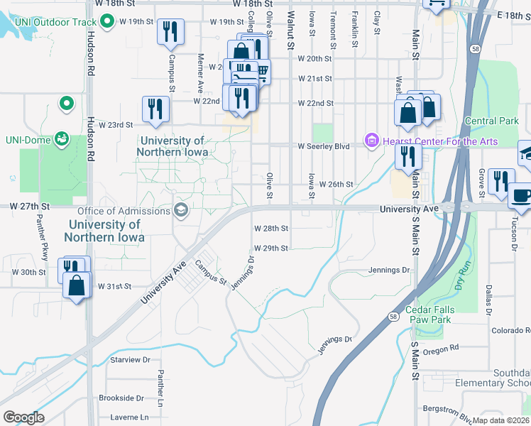 map of restaurants, bars, coffee shops, grocery stores, and more near 8005 University Avenue in Cedar Falls