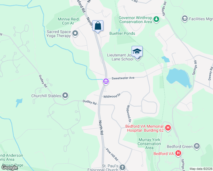 map of restaurants, bars, coffee shops, grocery stores, and more near 295 North Road in Bedford