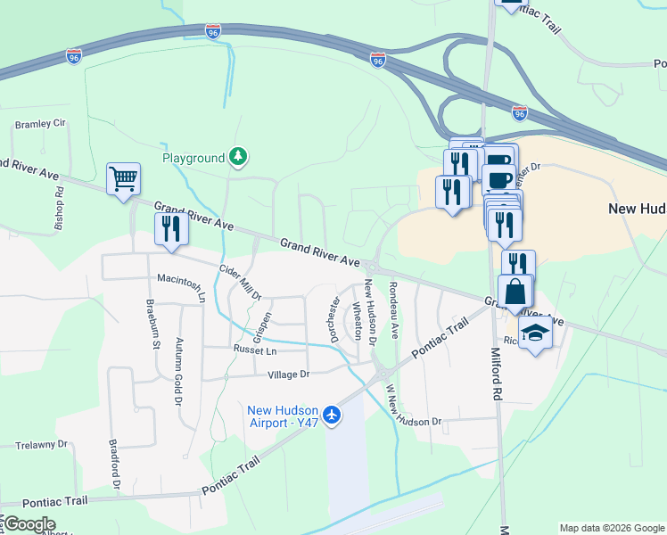 map of restaurants, bars, coffee shops, grocery stores, and more near 57721 Grand River Avenue in Lyon Charter Township