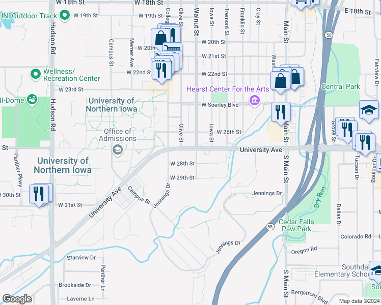 map of restaurants, bars, coffee shops, grocery stores, and more near 7911 University Avenue in Cedar Falls
