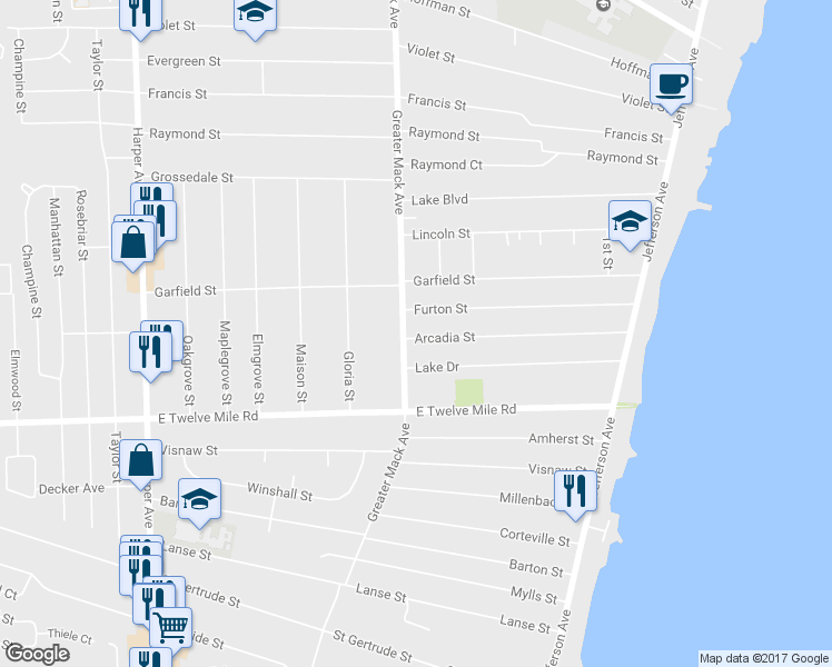 map of restaurants, bars, coffee shops, grocery stores, and more near 29800 Greater Mack Avenue in St. Clair Shores
