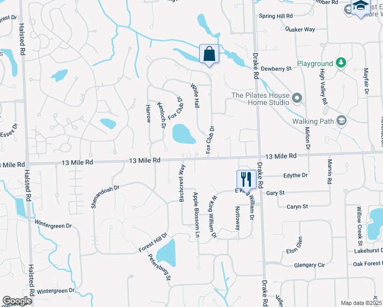 map of restaurants, bars, coffee shops, grocery stores, and more near 35972 West 13 Mile Road in Farmington Hills