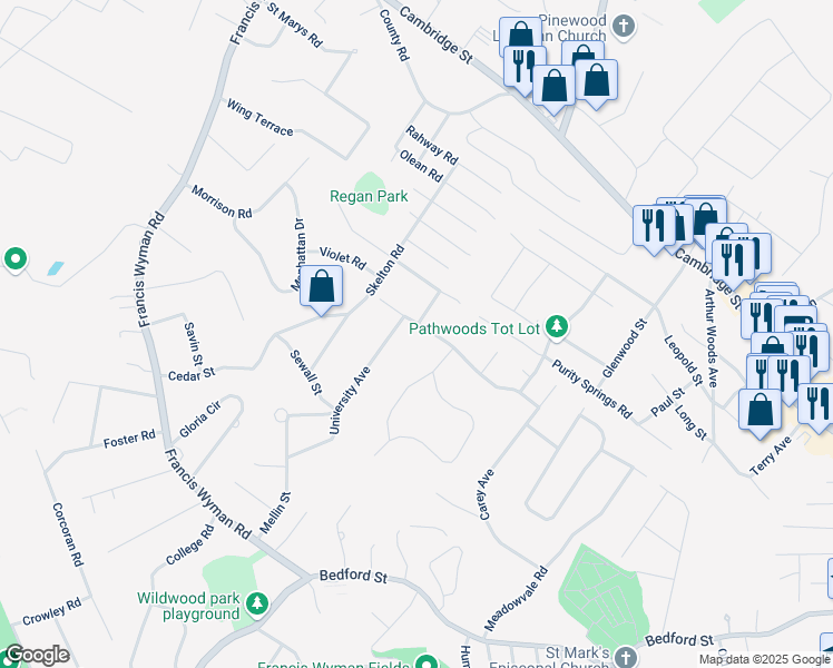 map of restaurants, bars, coffee shops, grocery stores, and more near 22 Princeton Road in Burlington
