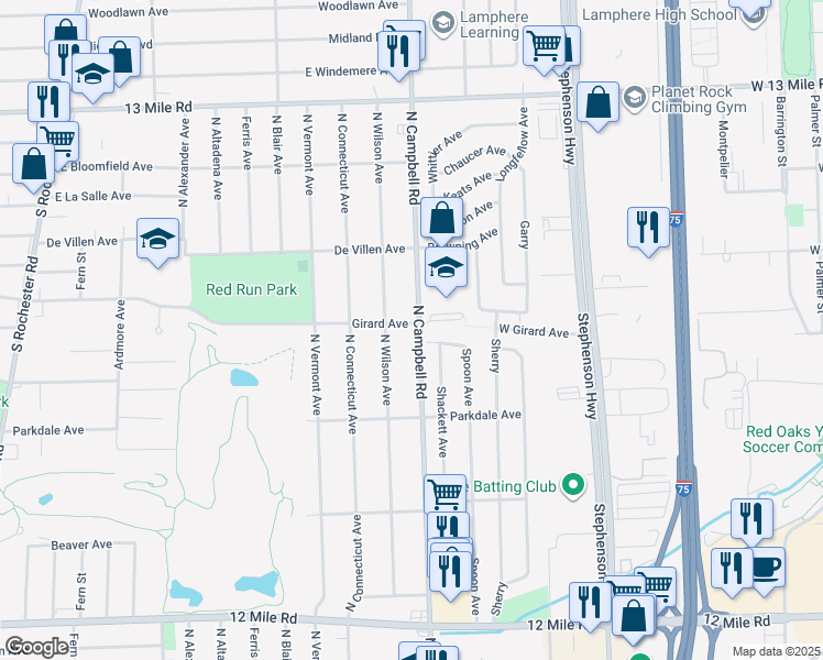 map of restaurants, bars, coffee shops, grocery stores, and more near 2535 North Campbell Road in Royal Oak
