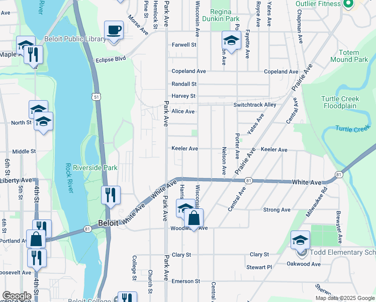 map of restaurants, bars, coffee shops, grocery stores, and more near 1010 Keeler Avenue in Beloit