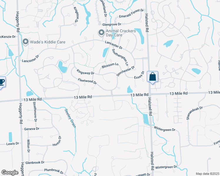 map of restaurants, bars, coffee shops, grocery stores, and more near 37649 Dorchester Drive in Farmington Hills