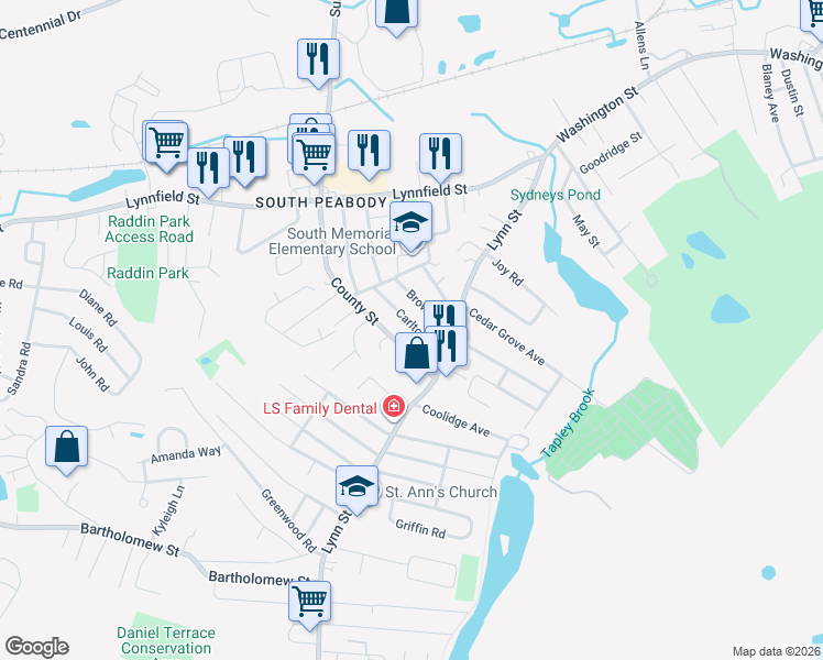 map of restaurants, bars, coffee shops, grocery stores, and more near 14 Carlton Street in Peabody