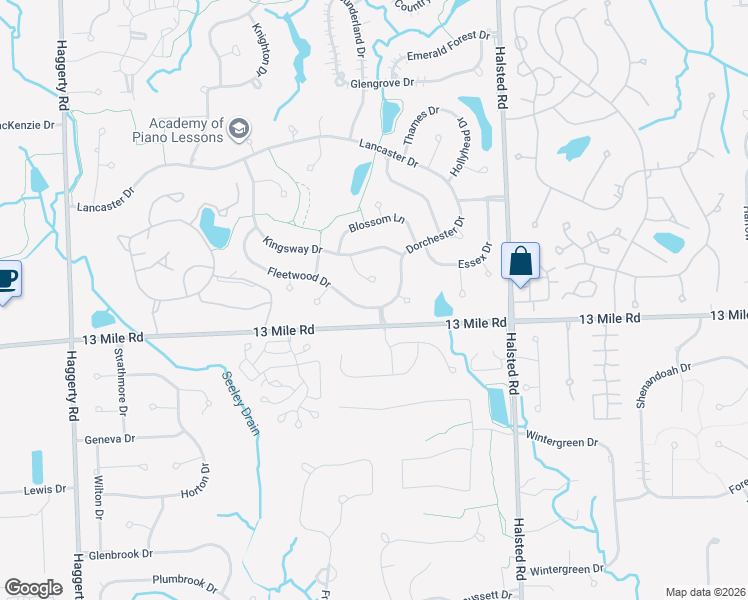 map of restaurants, bars, coffee shops, grocery stores, and more near 37649 Dorchester Drive in Farmington Hills